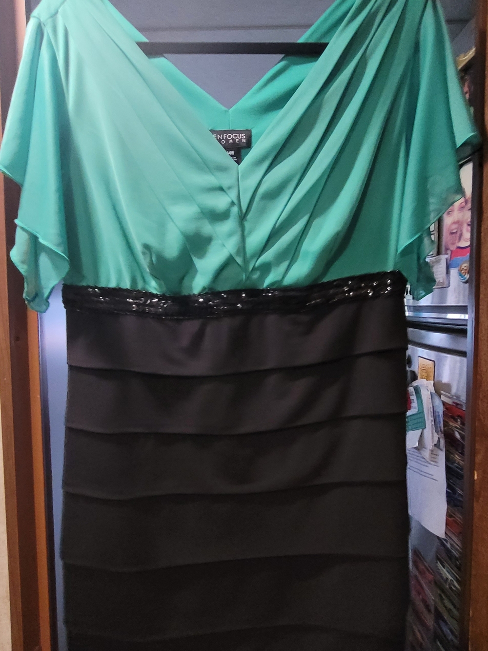 Enfocus Studio Green and Black Two-Tone Pencil Skirt Dress with Sequined Waist